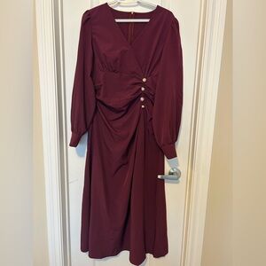 Burgundy Long Sleeve Midi Dress – Ruched Button Detail